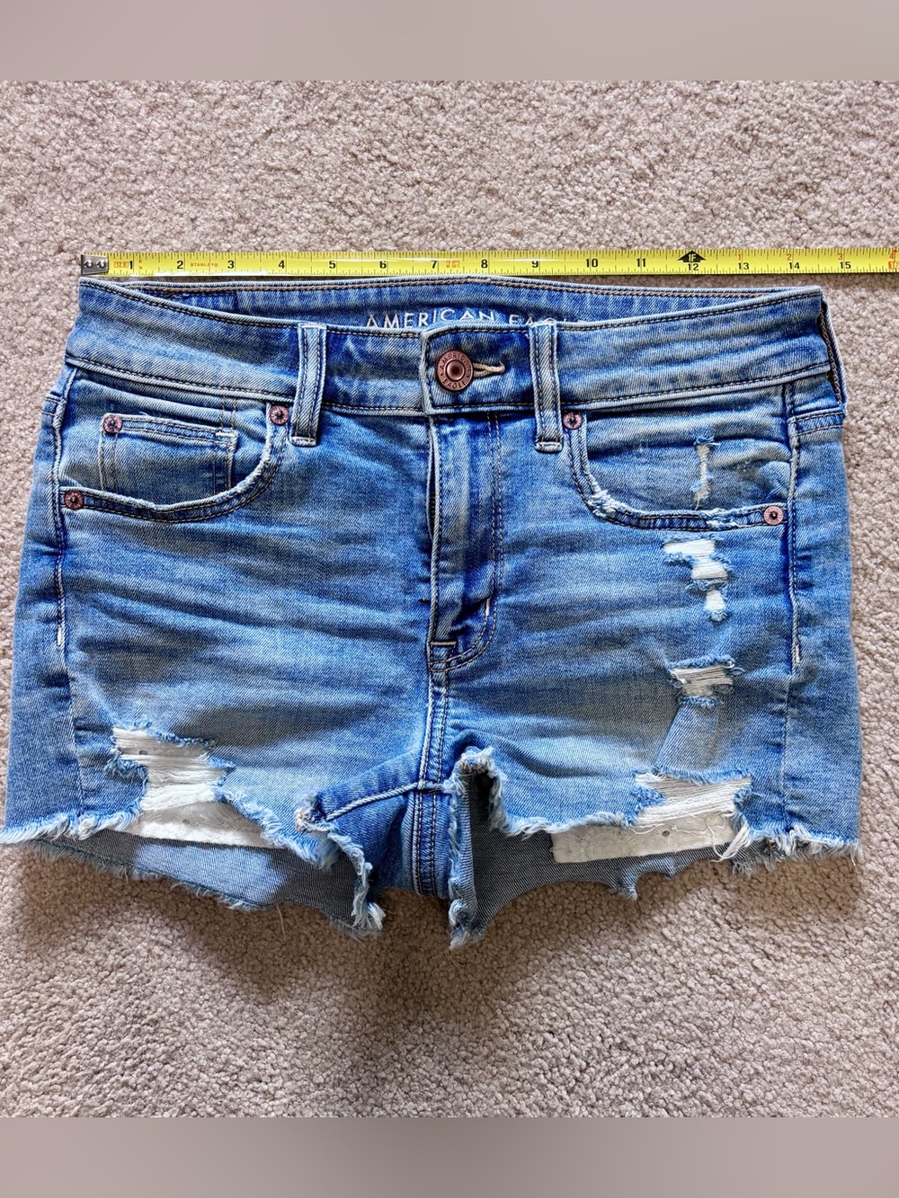 American Eagle Super Stretch Hi-Rise Shortie Denim Shorts, Distressed, Size 4